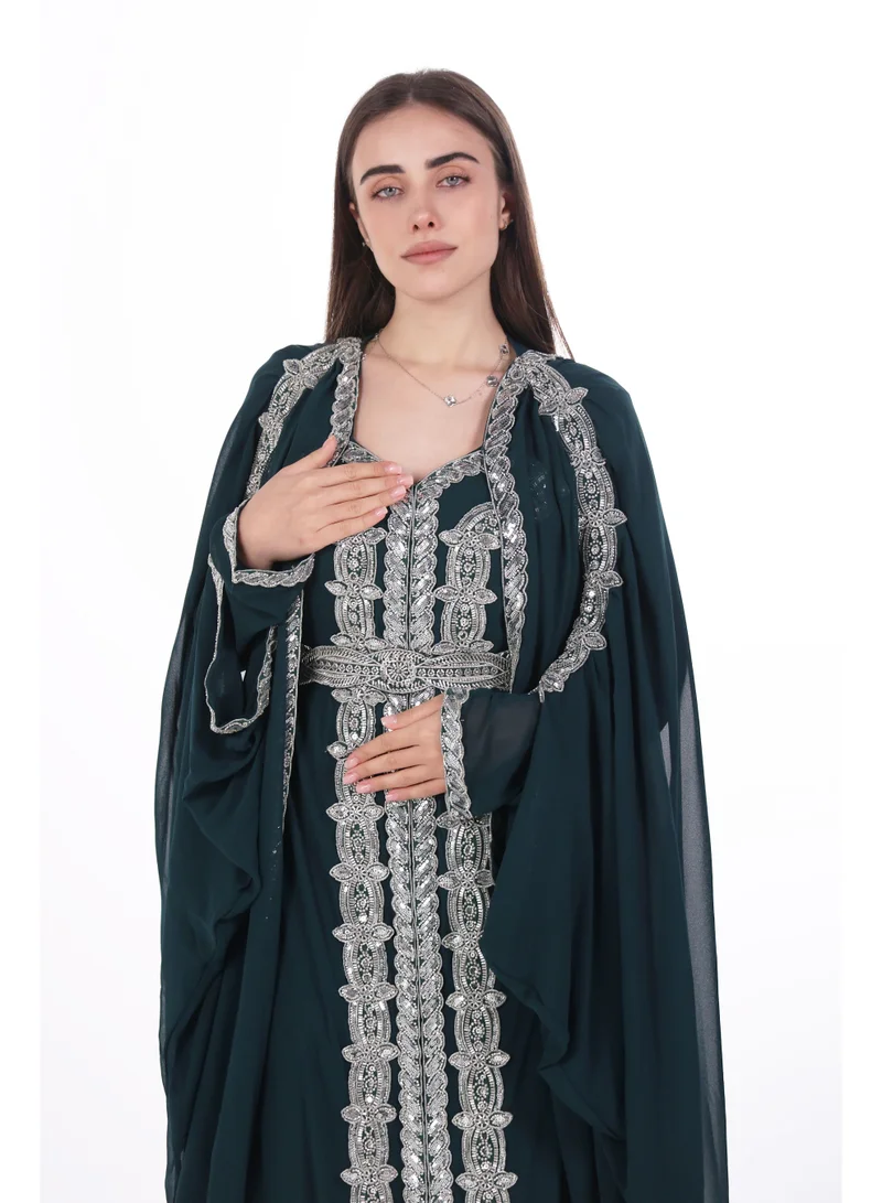 AL BENT AL SHARQIEH Dark green emboidered chiffon kaftan dress for Women | Best Price UAE